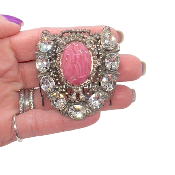 Vintage Clear Glass Stone & Pink Acrylic Cabochon Pot-metal Comb (Former Clip) - Picture 9 of 10